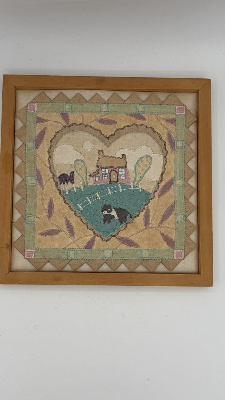 Handmade Quilted Folk Art Wall Hanging Farm House Cow Cottage 10x10” Wood Frame